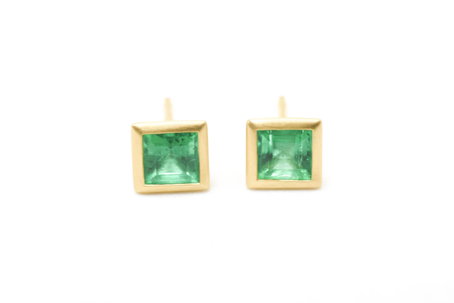 Emerald Princess Cut bezel studs - Kimberly Collins Gems